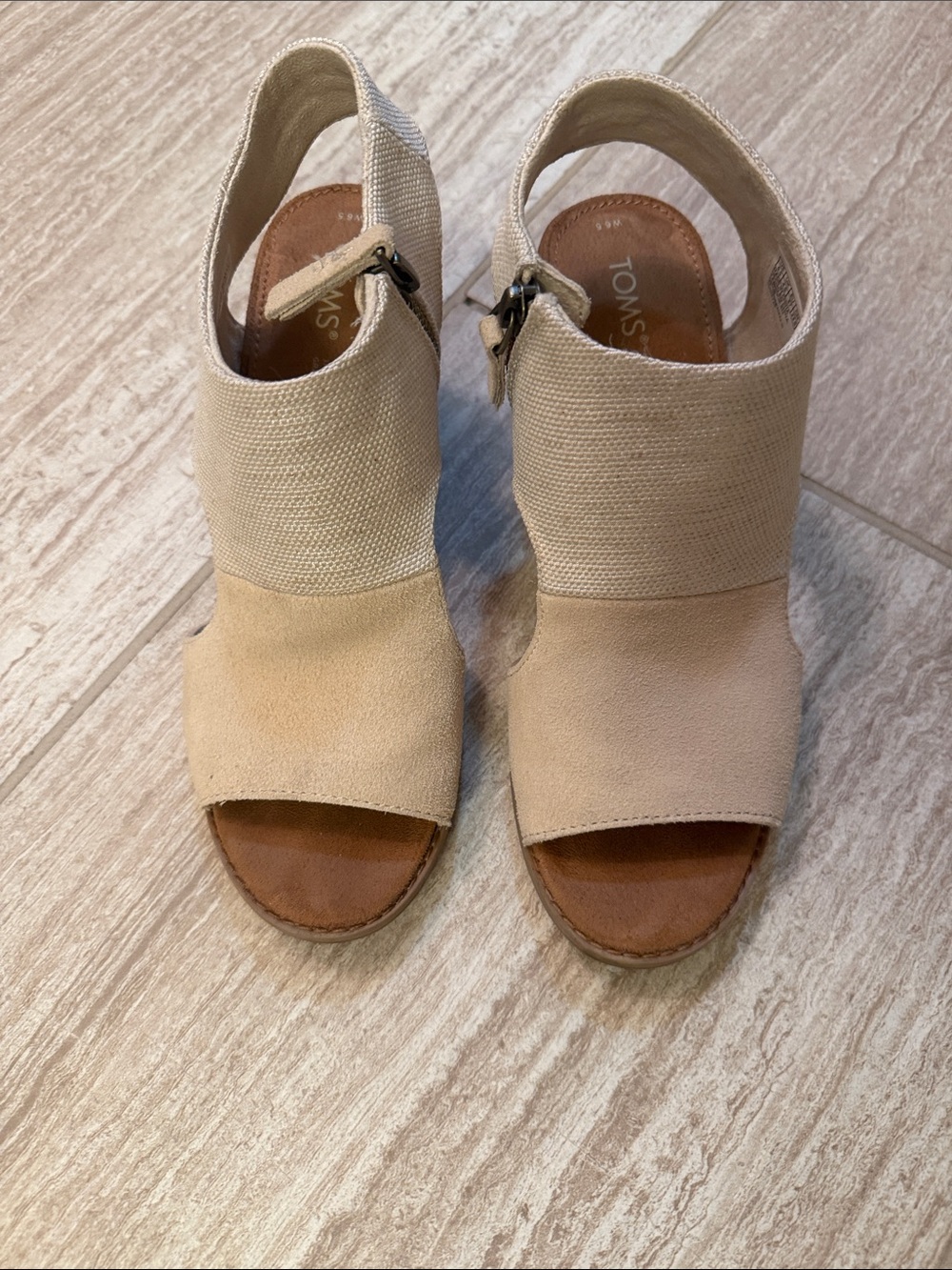 TOMS Beige Open-Toe Slingback Wedge Espadrilles